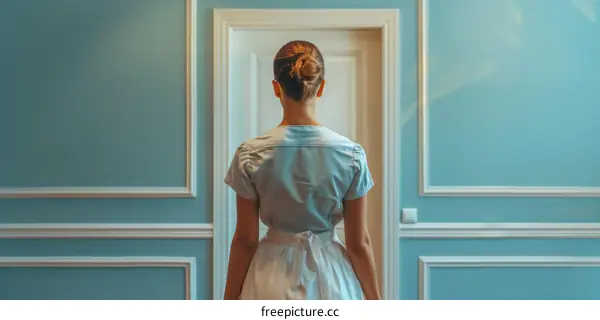 Maid with bun standing with her back turned in front of a blue door