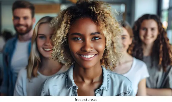 portrait of a smiling african american woman with blonde hair in a group of multiethnic friends