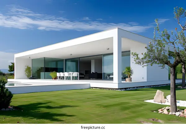 Modern Minimalist White House with Large Windows and Swimming Pool