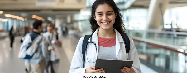 Smiling Female Doctor Holding Tablet in Hospital
