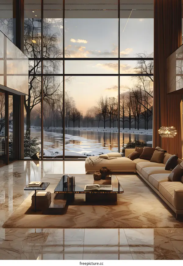 Modern minimalist house and winter lake view