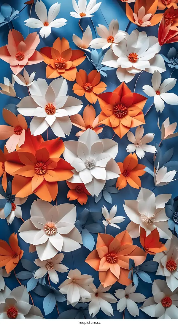 Orange and White Paper Flowers on Blue Background