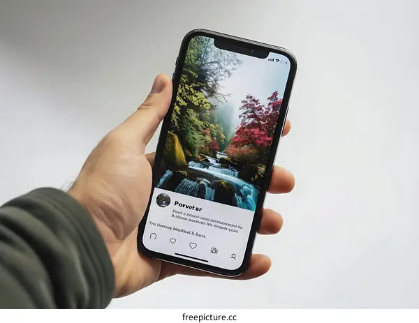 Hand Holding Smartphone Showing Waterfall Nature Scene