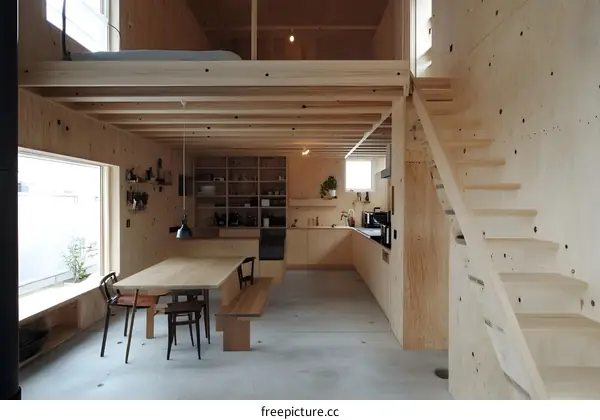 Modern Minimalist Loft Apartment Design Featuring Wood Paneling and Open Concept