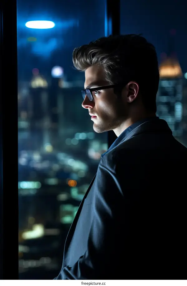 Young professional watches the city lights from the office building at night