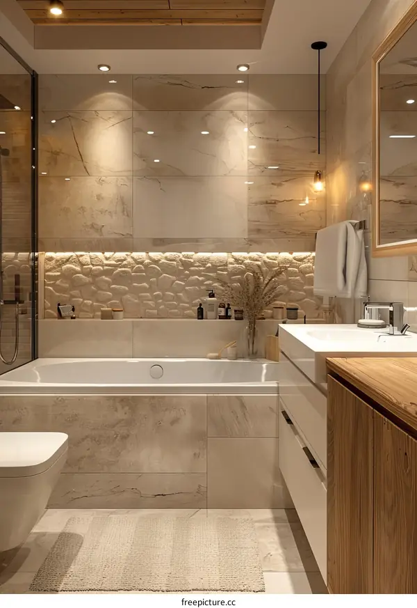 Modern Bathroom Interior Design With Wooden Accents And Natural Light