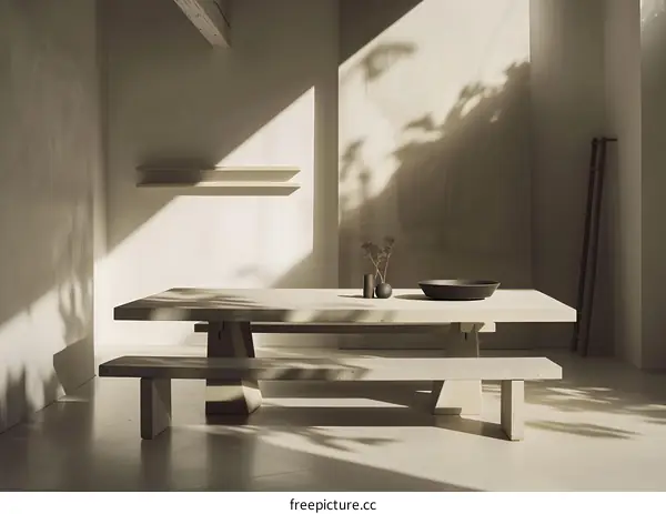 Minimalist Concrete Dining Table and Bench with Natural Light