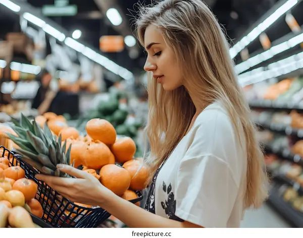 Young Blonde Woman Choosing Fresh Pineapple at Supermarket