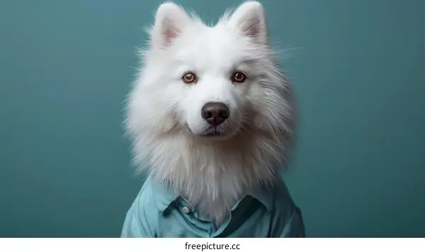 A fluffy white dog wearing a blue shirt