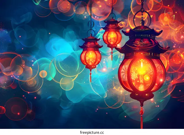 Three red lanterns hanging from chains against a blue background.