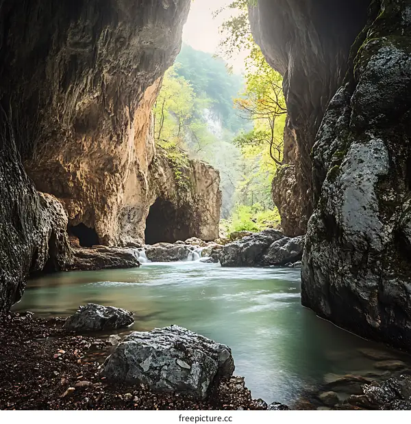 Serene River Flowing Through A Cave