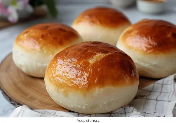 Freshly Baked Brioche Buns on Wooden Board