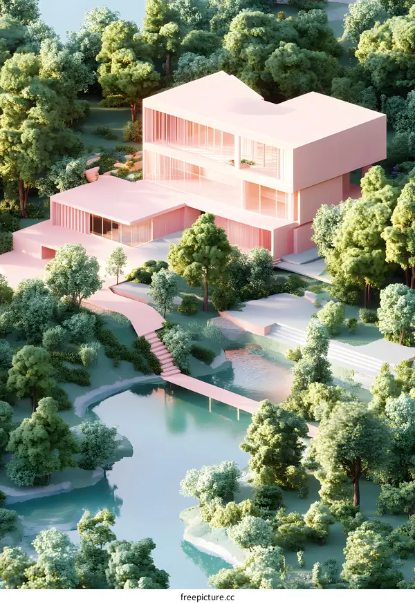 Pink Modern House Surrounded By Lush Green Trees and a Serene Lake