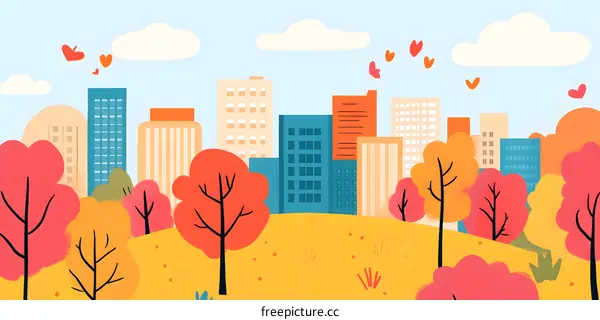 Autumn Cityscape with Colorful Trees and Hearts