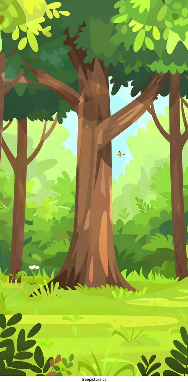 Green Forest Illustration With Large Tree And Butterfly