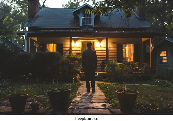 Man walking up to a house at dusk