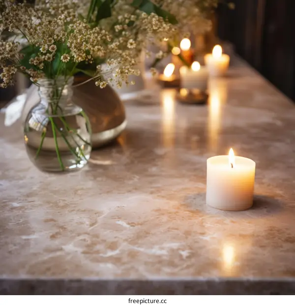 A beautiful centerpiece of white flowers and candles on a marble table.