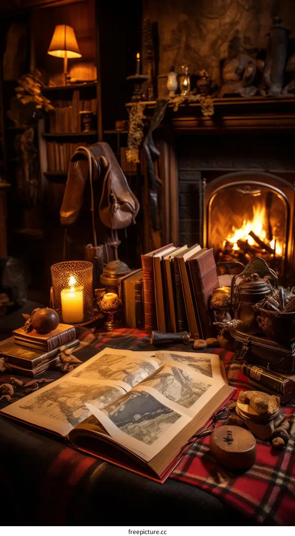 A cozy study with a fireplace and a desk full of books and a map