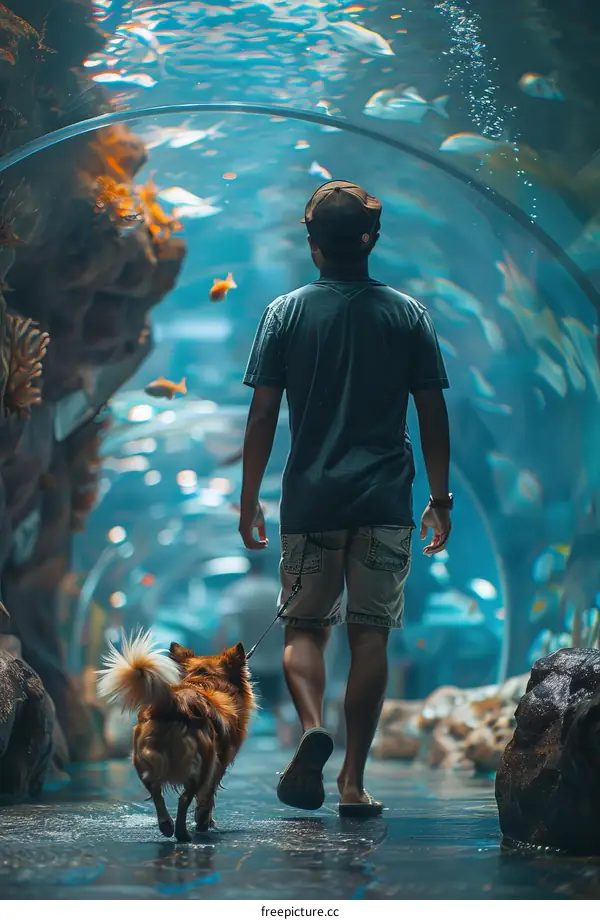 Man walking his dog in an aquarium