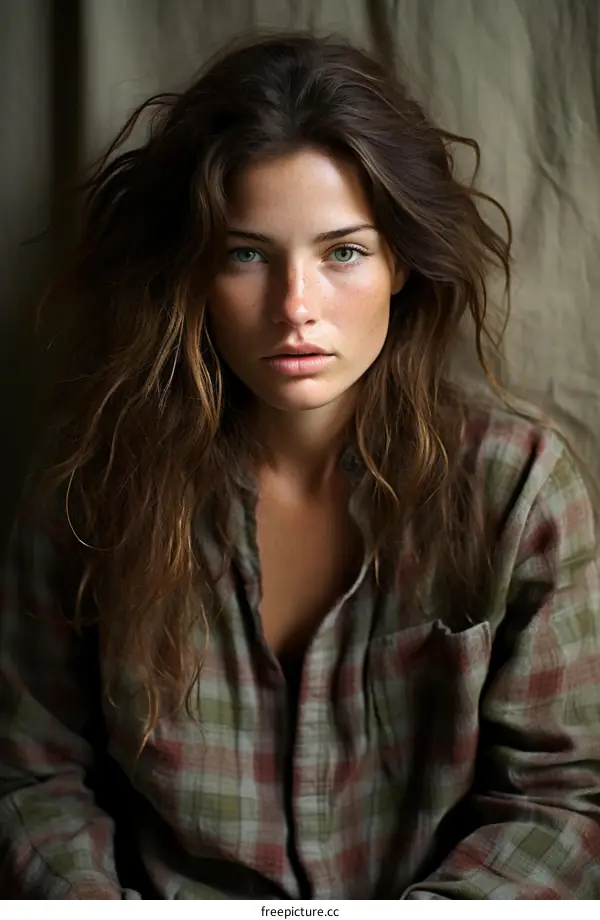 Portrait of a young woman with long brown hair and green eyes wearing a plaid shirt