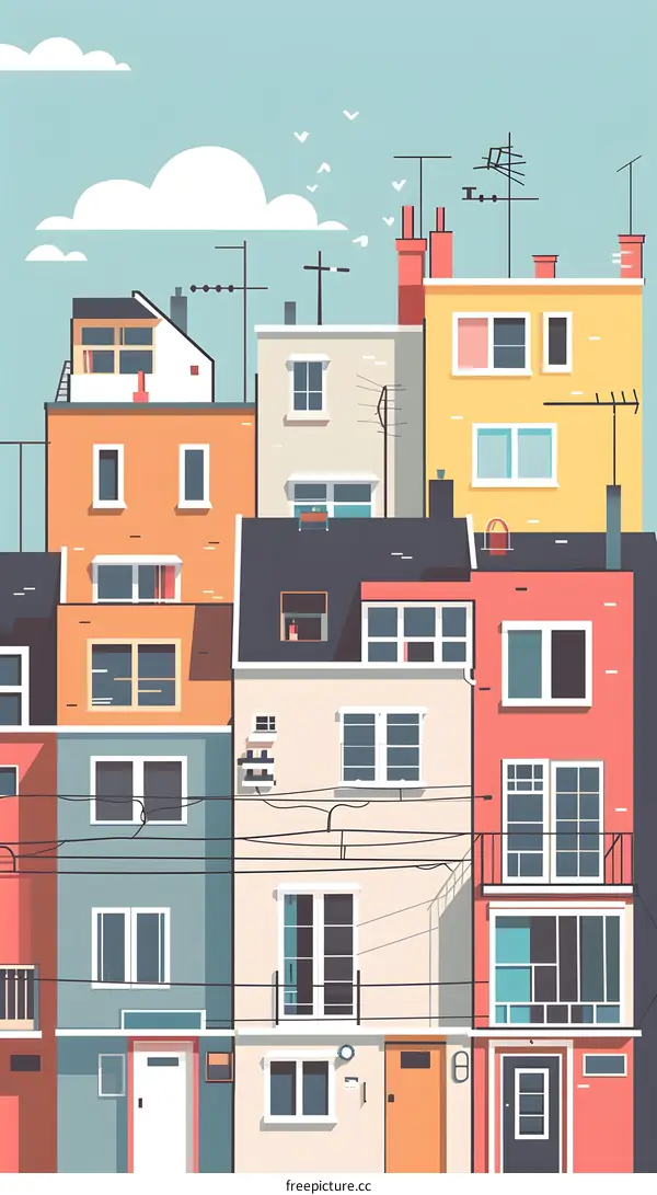 Colorful Illustration Of Row Houses With Windows And Doors