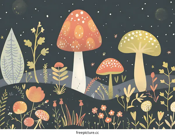 Night Forest with Mushrooms and Flowers