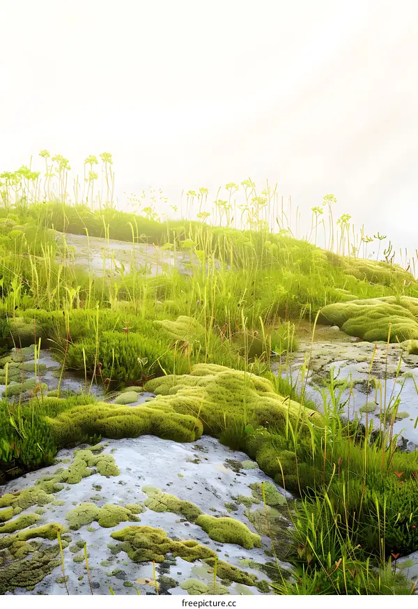 Green Moss On Rock In The Fog