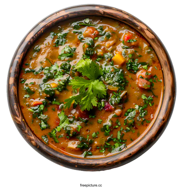 [Transparent Background PNG]A delicious and healthy bowl of lentil soup with fresh cilantro.