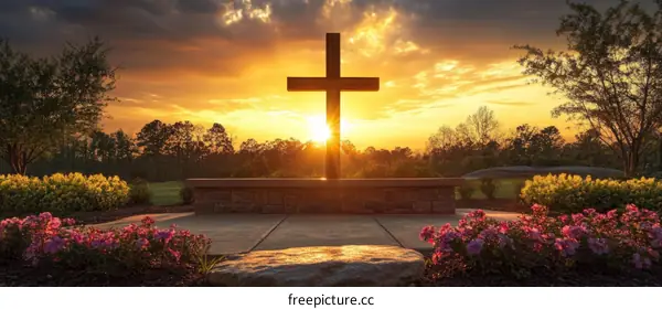 Serene Sunset with a Cross in a Garden Setting