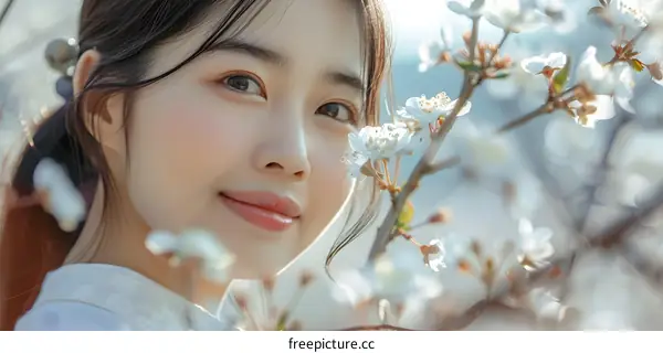 Young Asian Woman With White Flowers