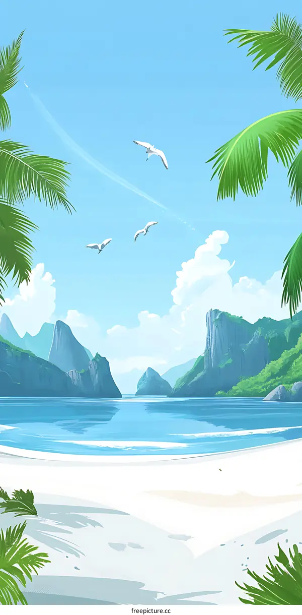 Tropical Beach Landscape Illustration With Palm Trees and Birds