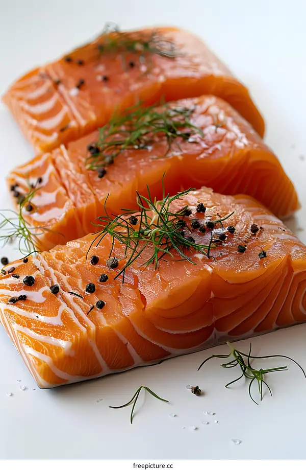 Fresh salmon fillet with dill and peppercorns