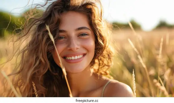 Portrait of a Young Woman with Freckles Smiling in a Field