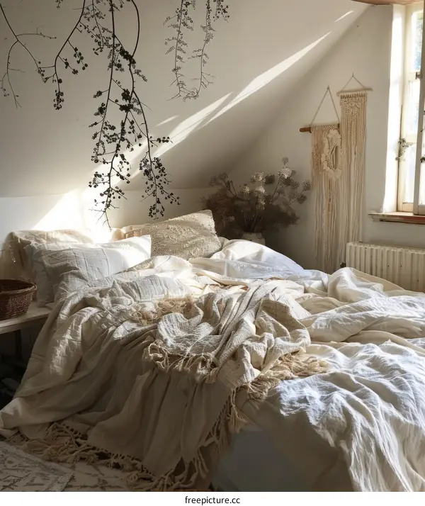 Whitewashed Bedroom with Cozy White Linen Bed