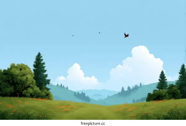 A Peaceful Hillside Meadow Landscape Illustration