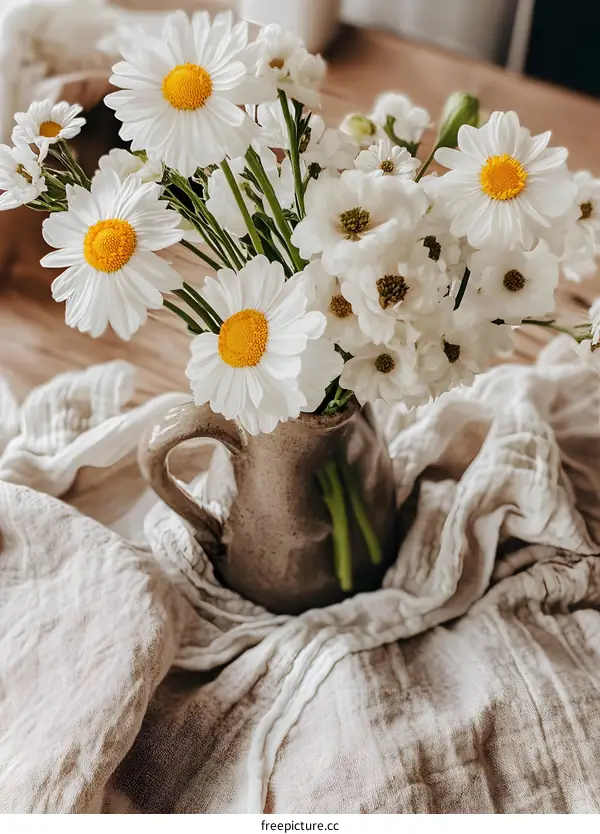 White Daisies in a Brown Vase on a Beige Cloth
