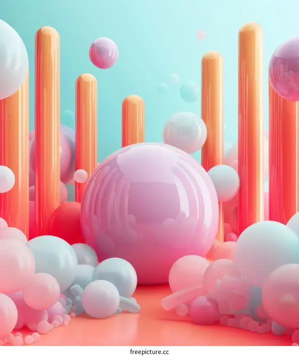 Glossy Pink and Orange 3D Spheres and Cylinders