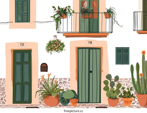 Illustrated Mediterranean Building With Doors And Flowers