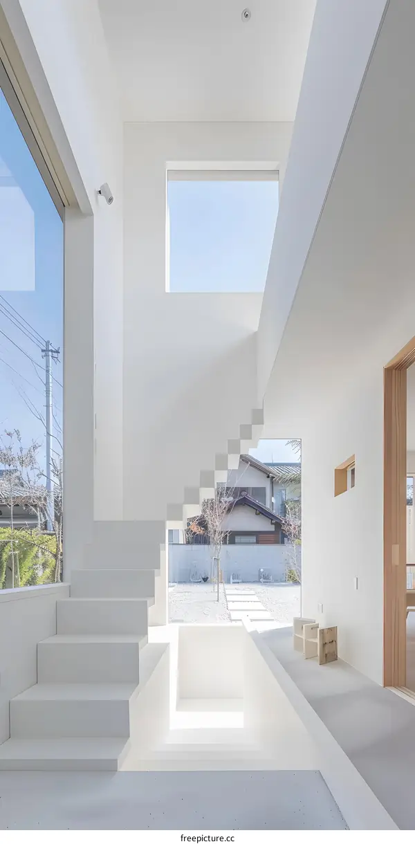 Modern White Interior Design with Stairs and Large Windows