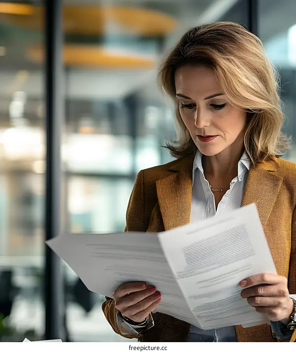 Businesswoman Reading Documents In Office