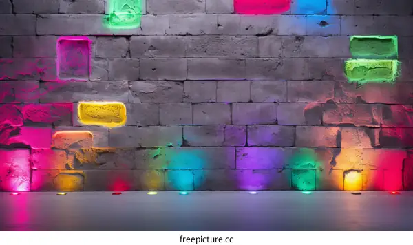 Colorful lights on brick wall background