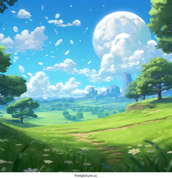 fantasy landscape with floating rocks and a large moon