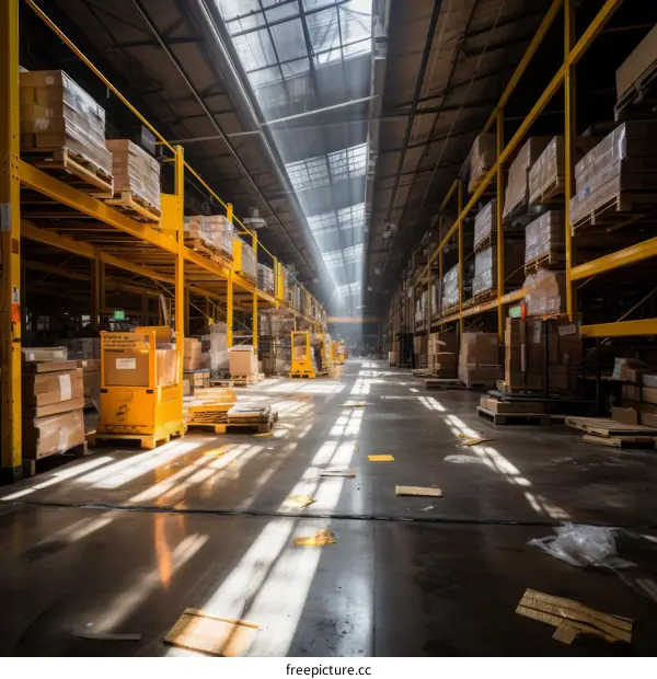 Warehouse Interior with Yellow Shelving and Packed Boxes