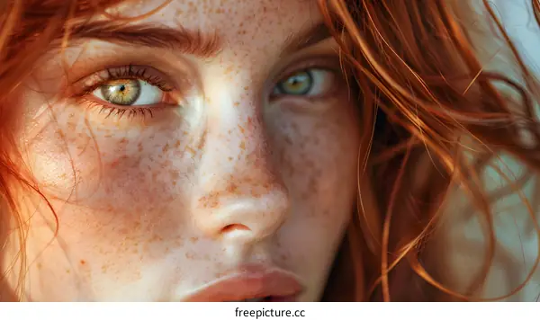 Close-up portrait of a beautiful redheaded woman with freckles and green eyes