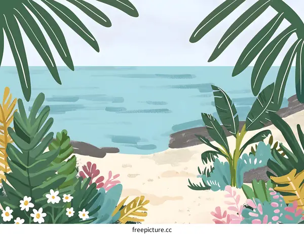 Tropical Beach Illustration with Green Leaves