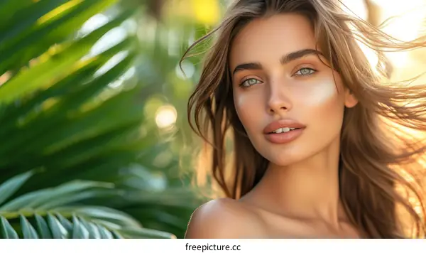 Portrait of a beautiful young woman with long brown hair and green eyes, standing in front of a lush green background.