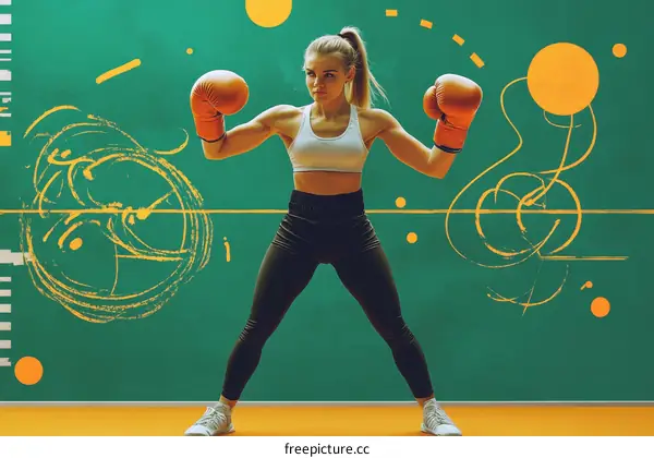 Female Boxer in Action on Abstract Background