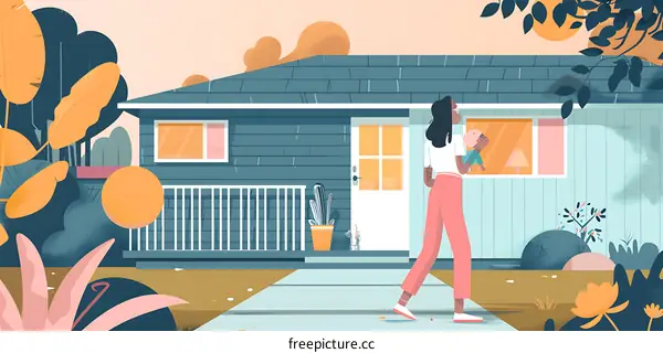 Woman Walking Towards House with Baby in Arms
