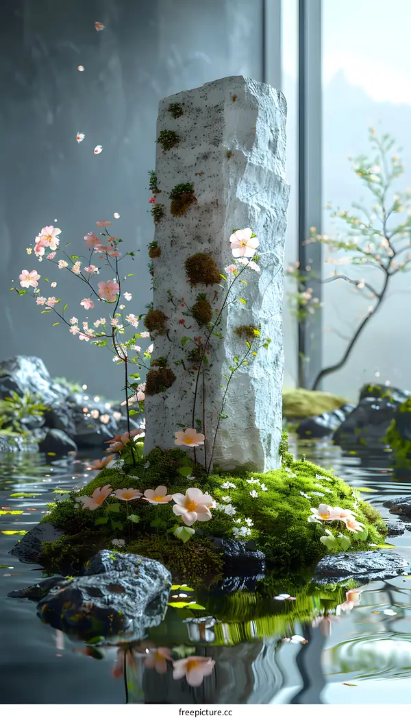Japanese style stone lantern in water with pink flowers and green moss