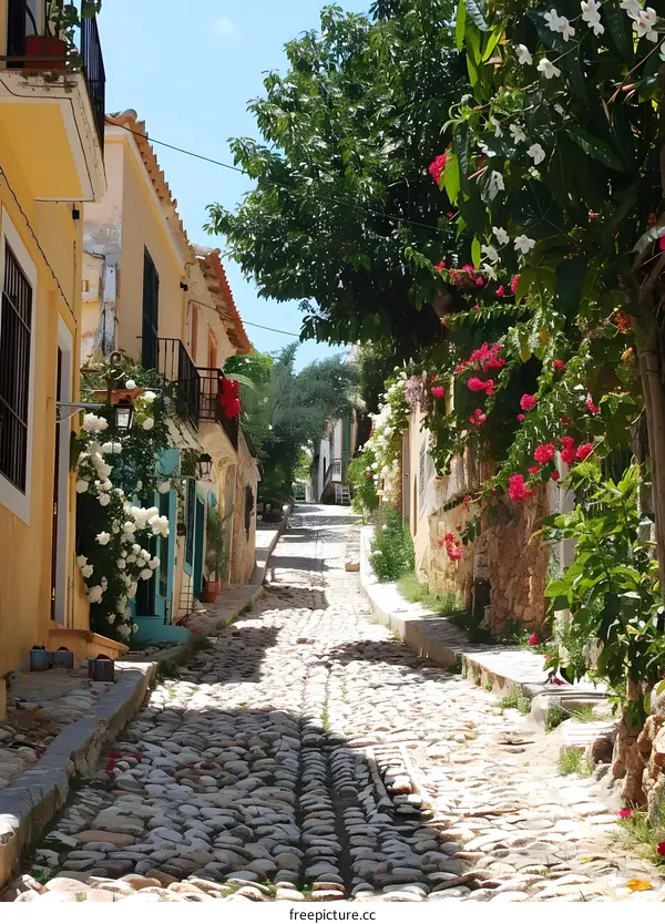 Cobblestone Street In European Village With Flowers